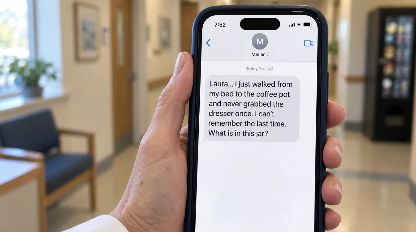 Dr. Bennett's hand holding her phone with Marian's text message on the screen