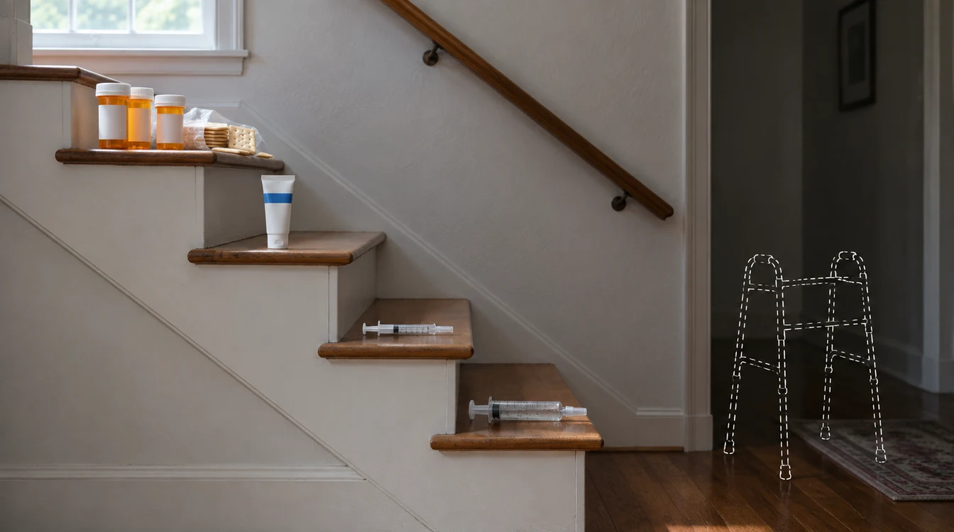 A staircase going down with one fix on each step: pill bottles and crackers, a cream tube, a cortisone shot, a gel shot, and the outline of a walker waiting at the bottom