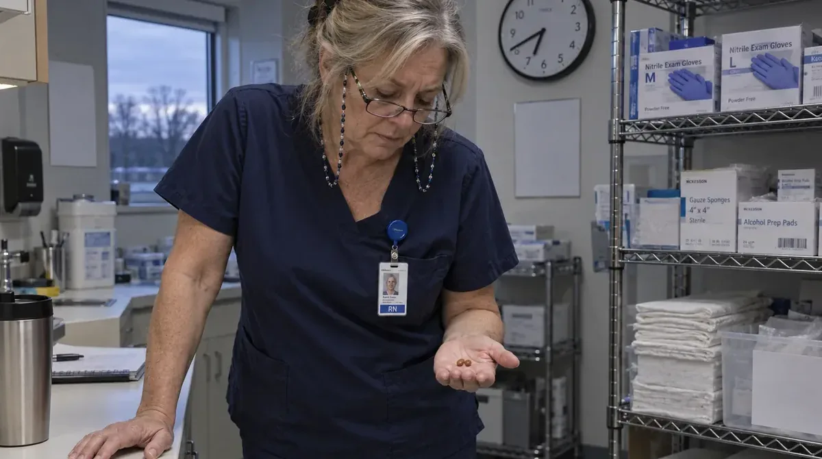 Debbie, 64, in navy scrubs in the clinic supply room, one hand on the counter, two Motrin in her other palm