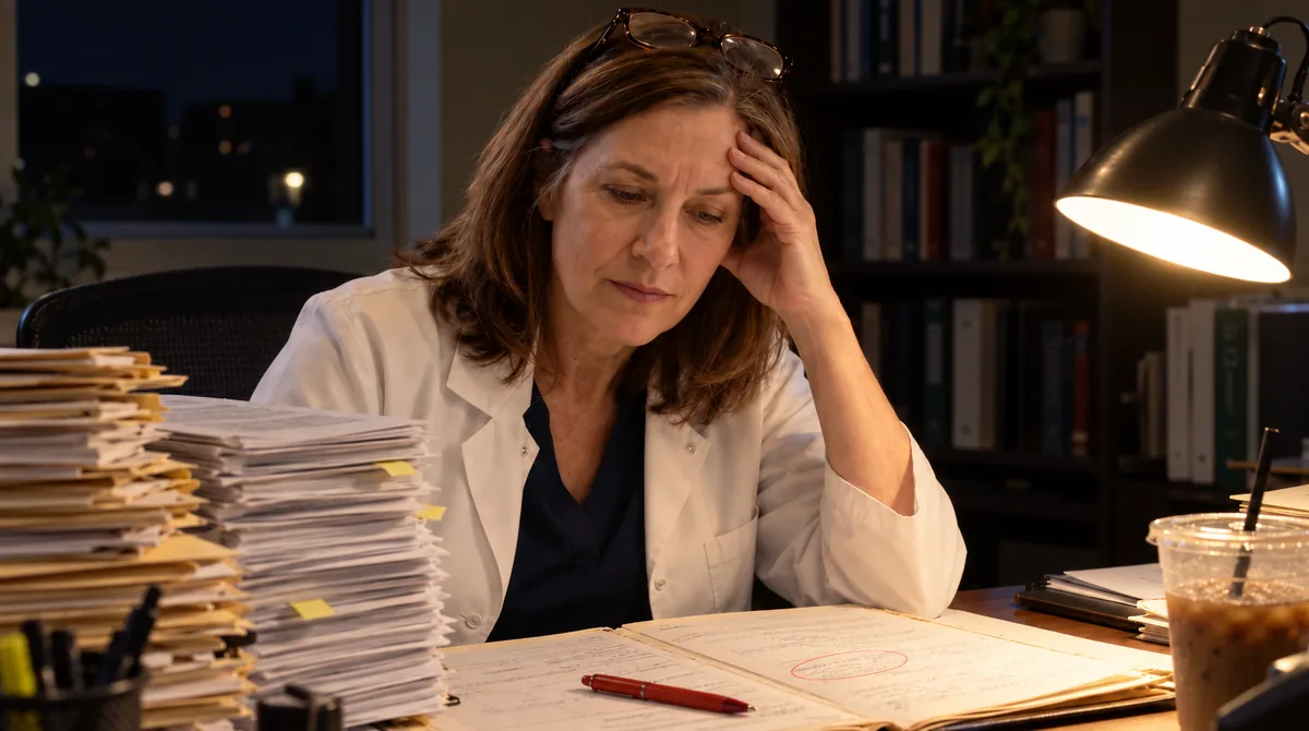 Dr. Laura Bennett at her desk late at night beside a stack of knee arthritis papers and patient charts, one chart open with a note circled in red
