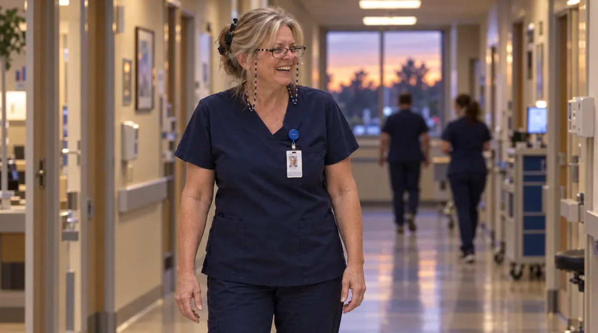 Debbie in her navy scrubs in the clinic hallway at the end of her shift, standing tall on her own, both hands free, smiling