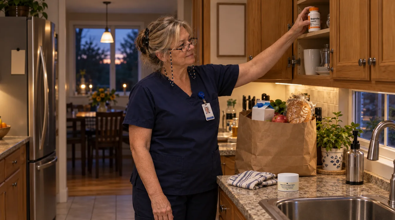 Debbie in her kitchen after a full shift, still in scrubs, putting groceries away and her bottle of Motrin back in the cabinet, a jar of Nurovita beside the sink