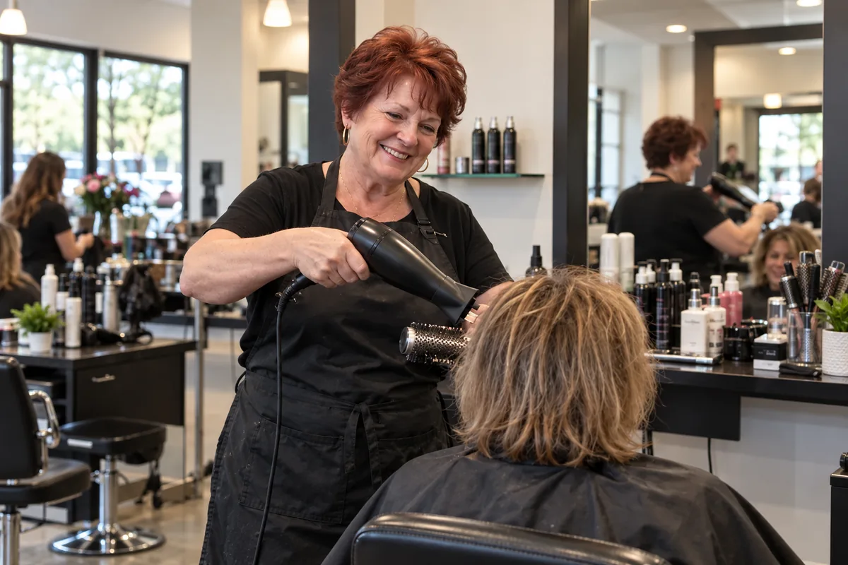 Jackie, a hairdresser in her sixties, standing at her salon chair blow-drying a client's hair