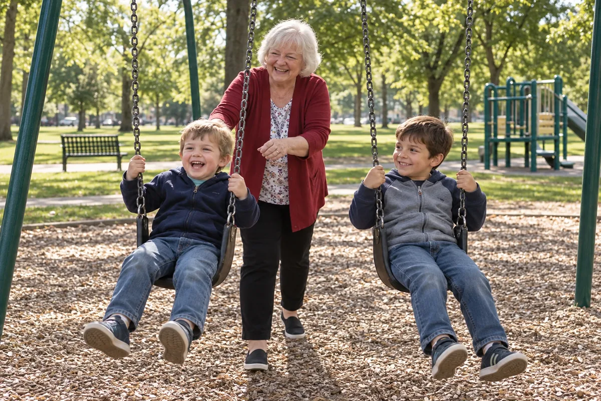 Loretta, a white-haired grandmother, laughing as she pushes her two grandsons on park swings