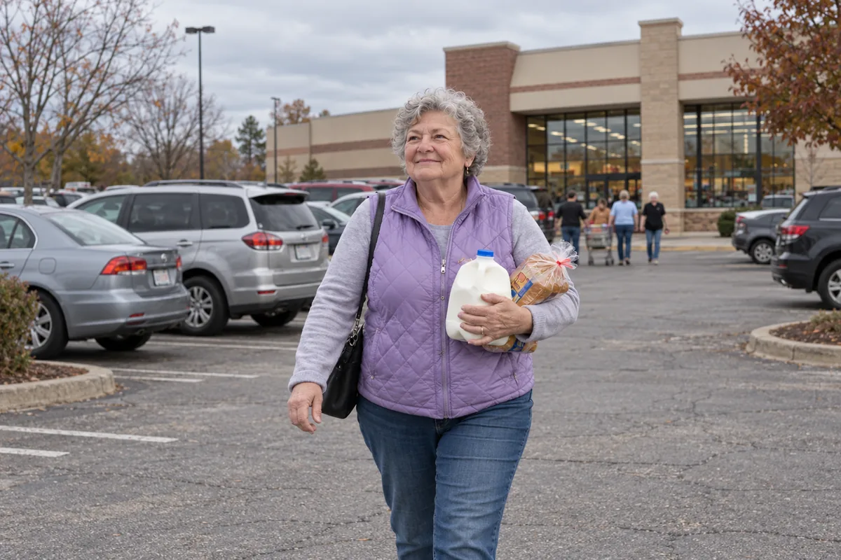 Nadine, a gray-haired woman in her sixties, walking across a grocery parking lot carrying milk and bread in her arms