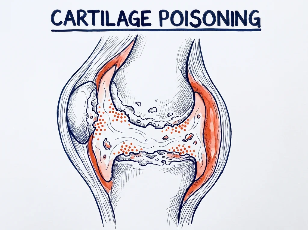 Drawing of a knee with an inflamed lining and fluid eating the cartilage