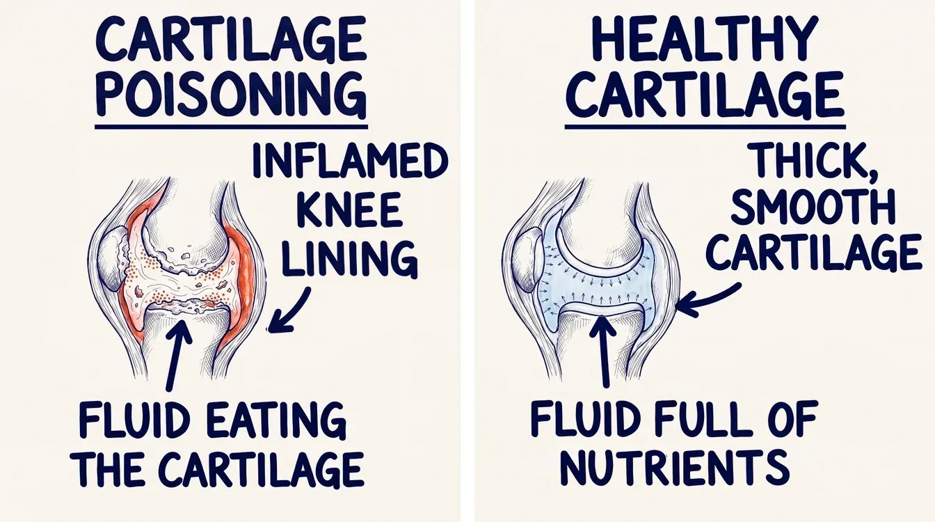 Drawing of a knee with an inflamed lining and fluid eating the cartilage, next to a knee with thick smooth cartilage and healthy fluid full of nutrients