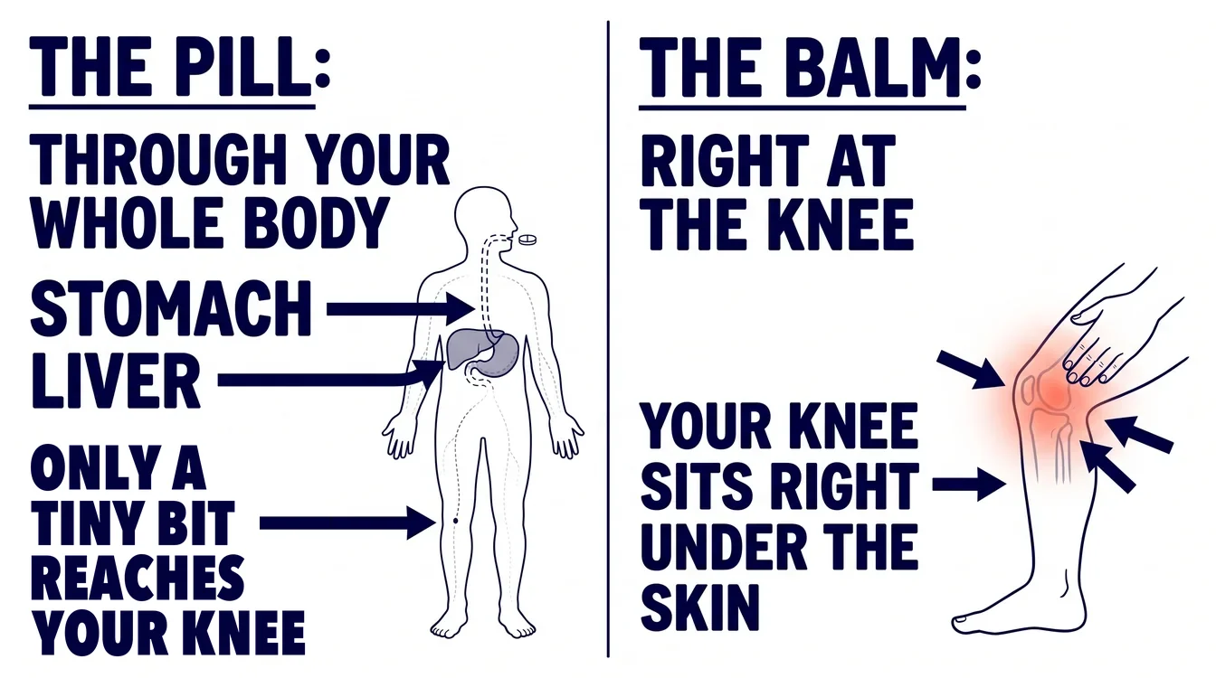 Drawing: a pill travels through the whole body, the balm goes right at the knee