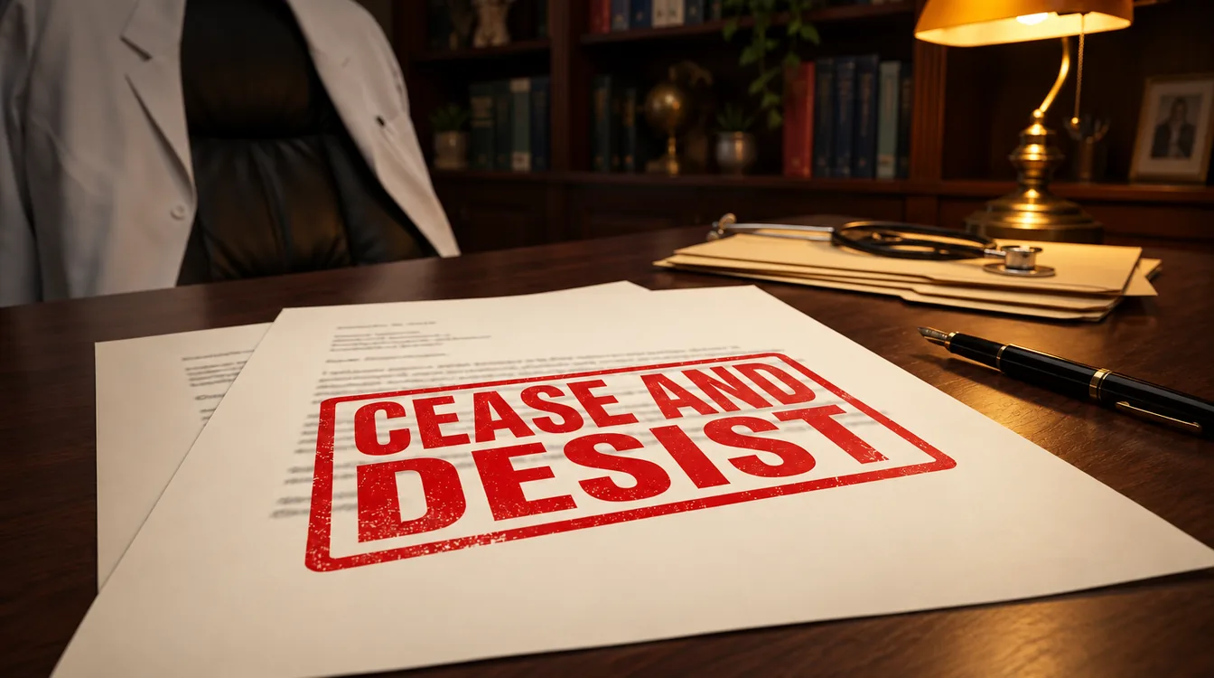 Two cease and desist letters on a doctor's desk