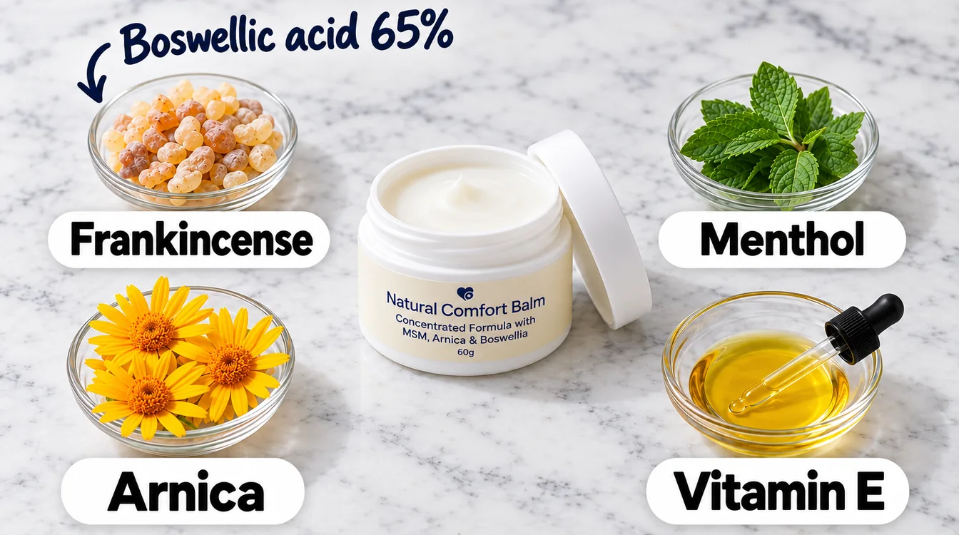An open jar of Nurovita Natural Comfort Balm on white marble with its four ingredients in glass dishes: frankincense, menthol, arnica and vitamin E. Boswellic acid 65%