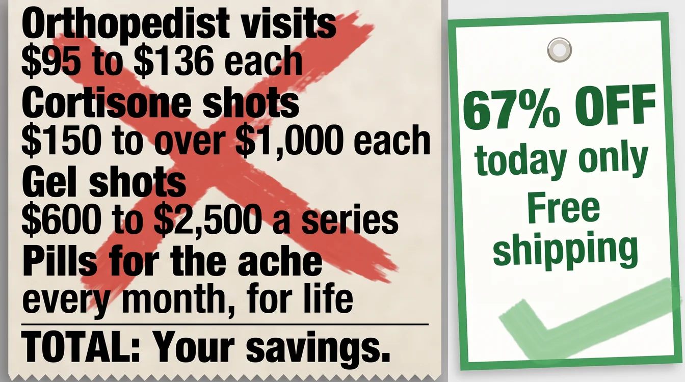 A receipt for orthopedist visits, cortisone shots, gel shots and pills for the ache, crossed out in red, next to a green 67% off tag