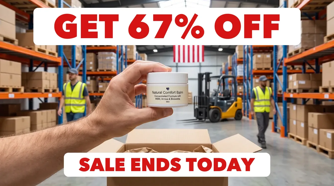 A jar of Nurovita Natural Comfort Balm held up in a warehouse under a 67% off banner