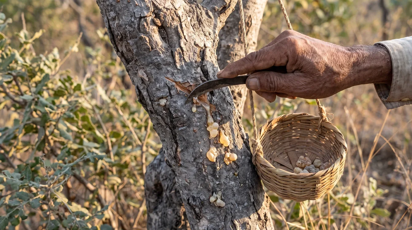 A harvester cutting frankincense resin from a Boswellia tree